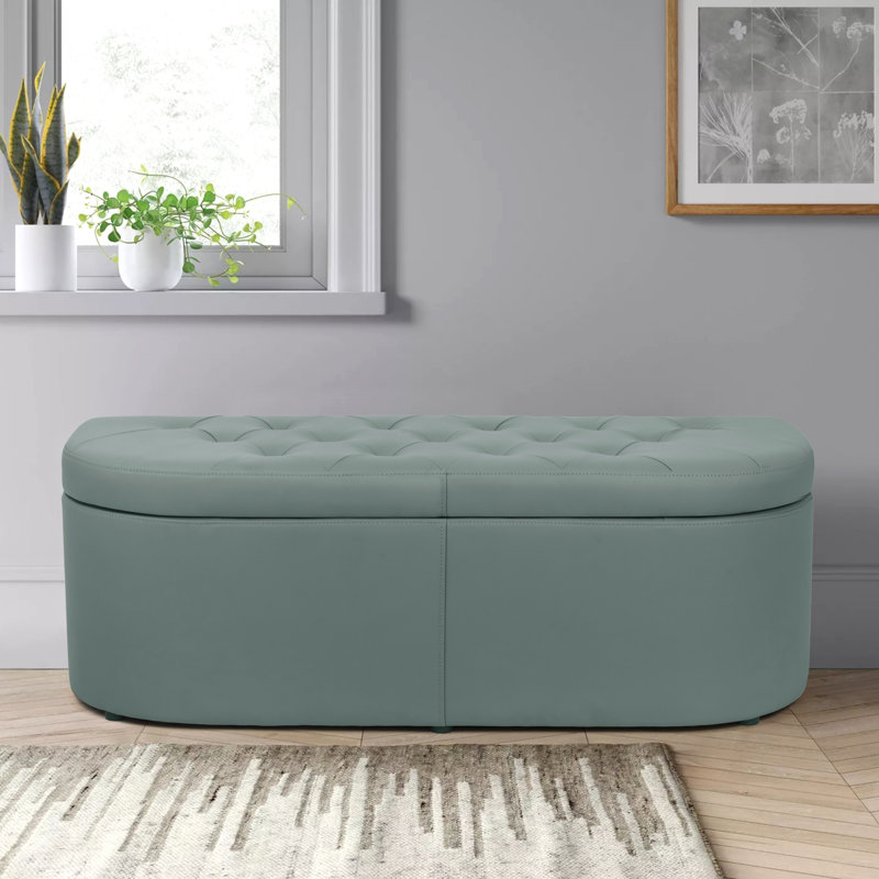 Khyrin Faux Leather Upholstered Storage Bench, Greyish Green Faux Leather