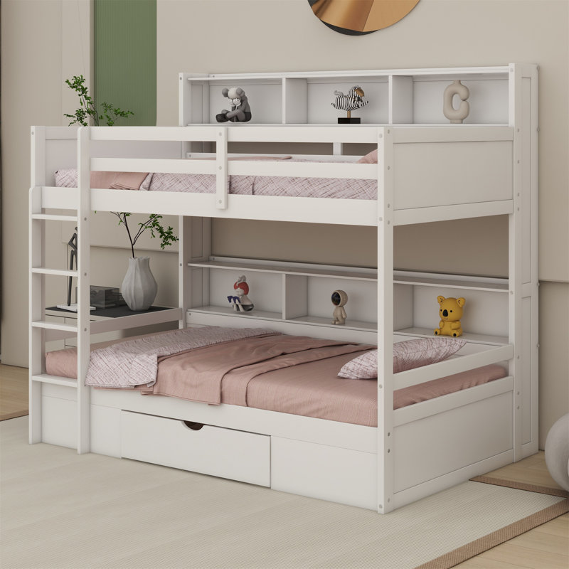 Lit superposé simple en bois avec tablettes intégrées et tiroirs Jamaar Kids, Blanc