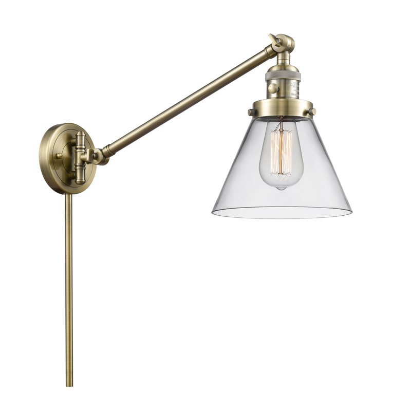 Lampe murale avec bras pivotant 1 lumière Cone, Laiton antique, Clair, Ampoule à DEL rétro de 3,5 W