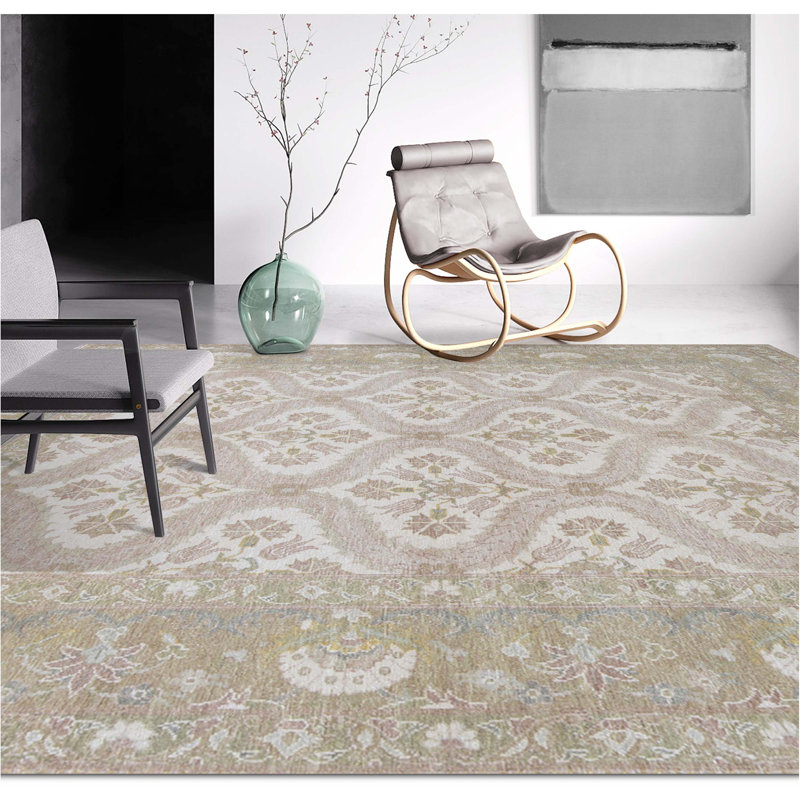 Tapis beige et vert olive de haute qualité noué à la main