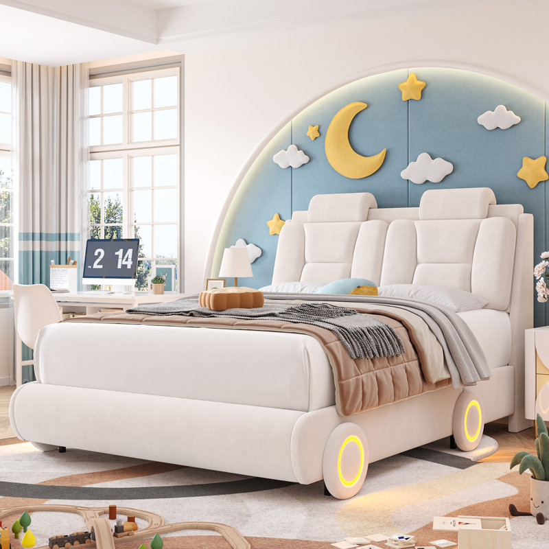 Alexxis Upholstered Bed with LED Light, Off White, Queen