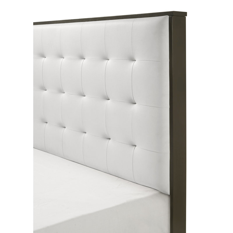 Modern Grey And Beige Upholstered Full Panel Bed With Button Headboard Size In White, Full