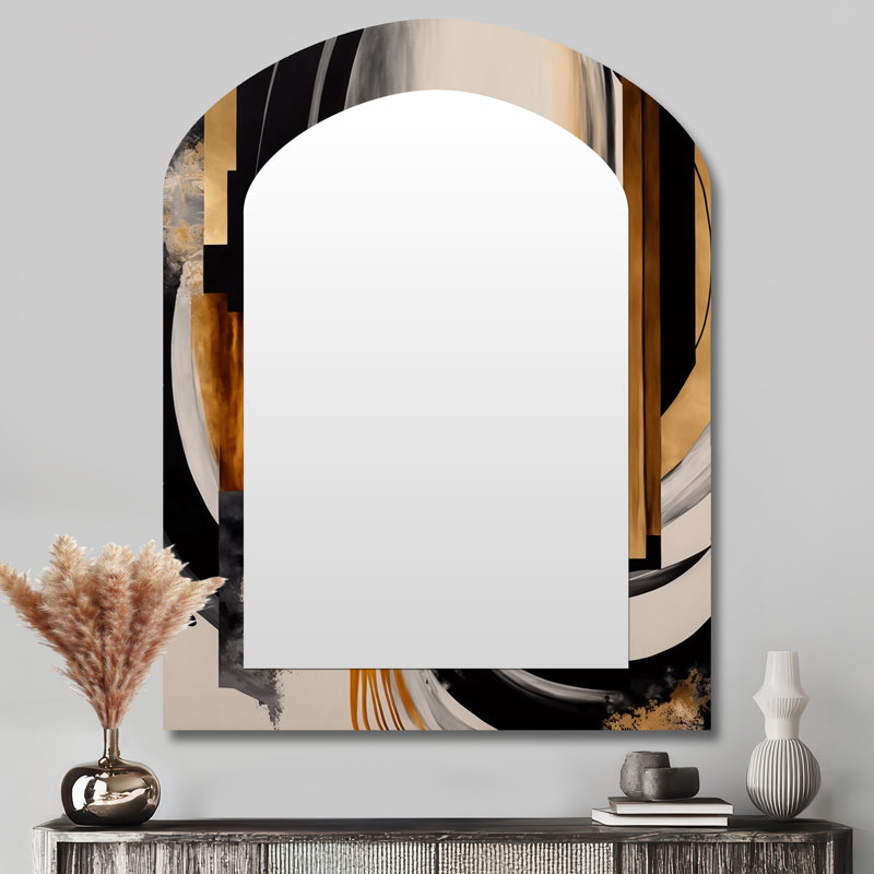 Gold Touch Art Deco IV - Abstract Arch Decorative Wall Mirror, Black Asymmetrical Large Mirror, Printed Metal Art