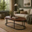 Oval Faux Leather Coffee Table, Upholstered Center Table with Metal Base