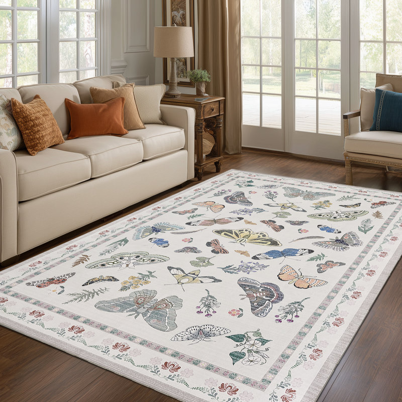 White Butterfly Washable Rug Indoor Carpet, Rectangle 8' x 10', White
