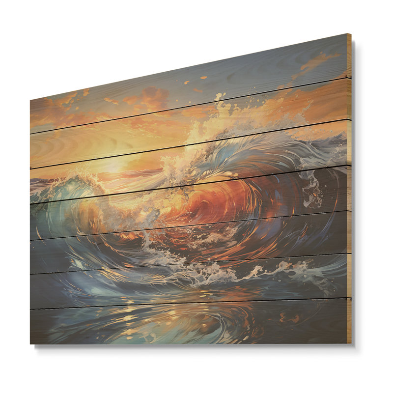 Blue and Orange Sunrise Waves II - Vagues côtières sur bois, H 10 po x l 20 po x P 0,78 po