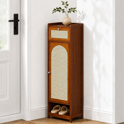 Narrow Bamboo Shoe Cabinet, Vertical Shoe Storage Organizer with Door, Freestanding Shoe Rack for Entryway, Closet & Hallway