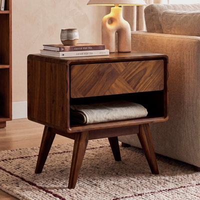 Laden Solid Acacia Wood Nightstand, Bedside Table With Drawer & Open Shelf, Mid-Century Art Deco End Table, Scratch & Water-Resistant