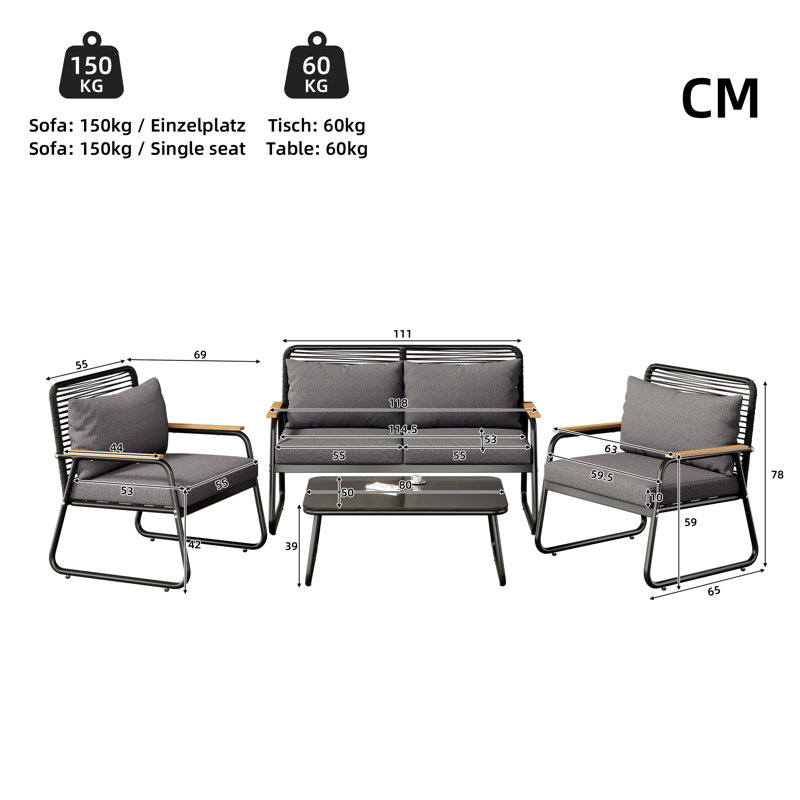 Outdoor Furniture Garden Lounge Set For 4 People, Black, Black