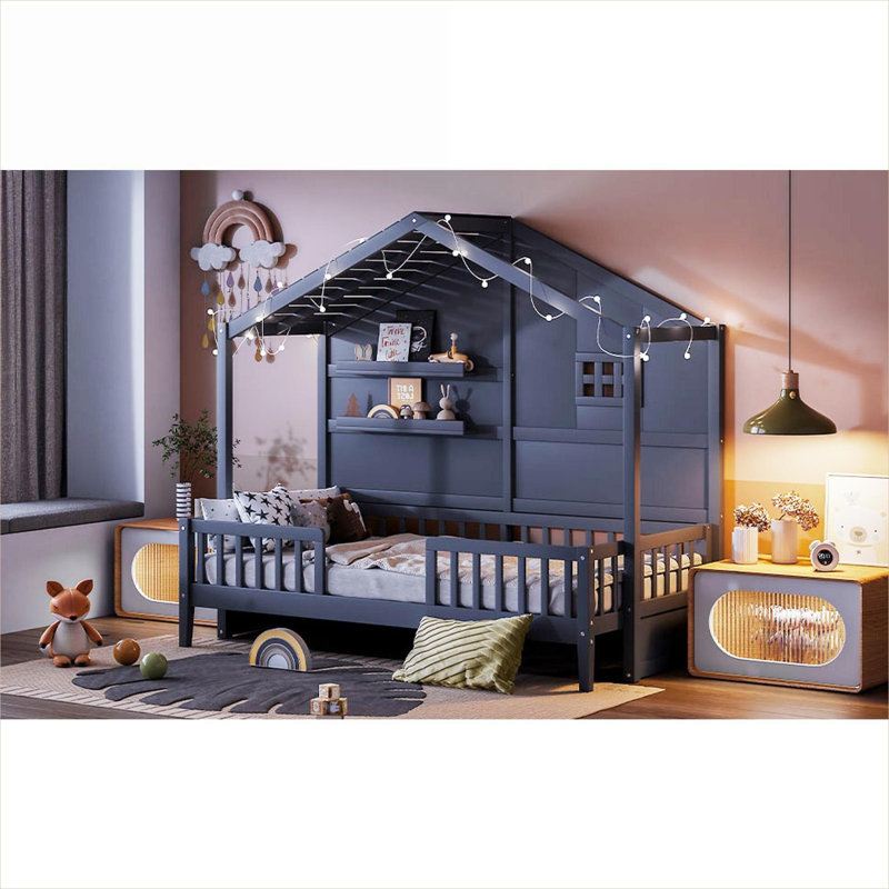 Structure de lit simple pour maison avec rangement, fabrication en bois massif, gris ardoise avec tablettes intégrées, bande lumineuse pour fenêtre et toit
