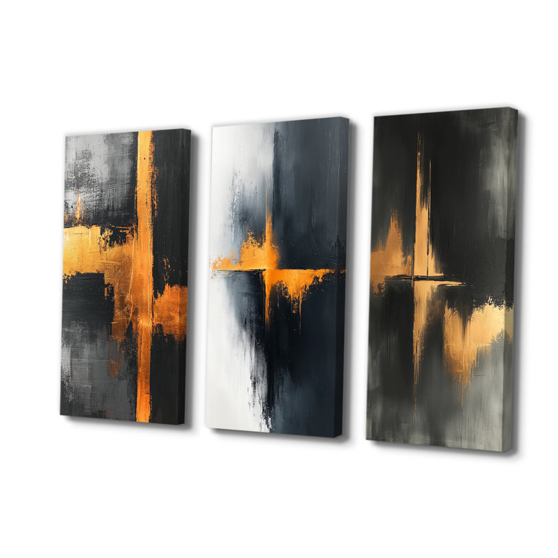 «Black and Gold Converge Dream I» - Collection de 3 panneaux sur toile de minimalisme, Toile tendue, Ne s’applique pas