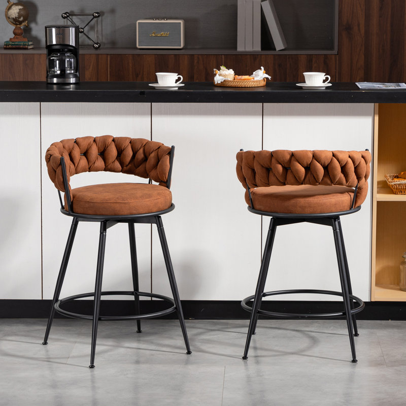 24" Counter Height Bar Stools Set of 6 - 360° Swivel with Suede Fabric & Modern Woven Design, Backrest & Footrest for Kitchen Cafe Pub