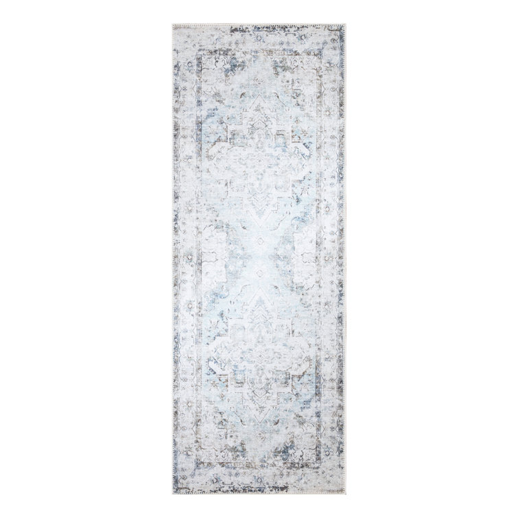 Washable Non-Slip Traditional Area Rug - Blue / Beige Rug for Entryway, Hallway, Bathroom, and Kitchen - Ferrante