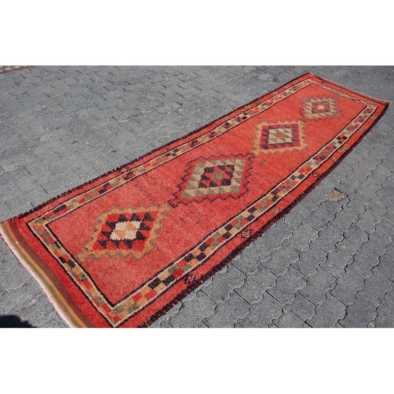 Tapis turc rétro fait à la main avec motif géométrique - Tapis en laine de style bohémien pour les couloirs