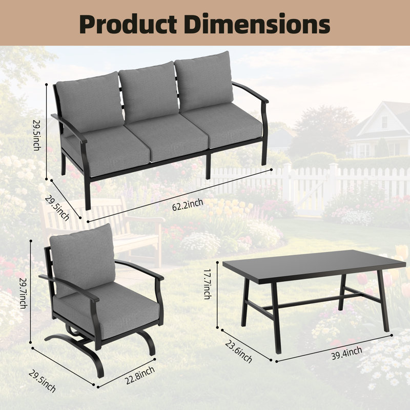 4-Piece Outdoor Metal Patio Conversation Set With Cushions, Gray