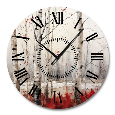White And Red Birch Wood In Winter II - Tree Birch Black Face Wall Clock