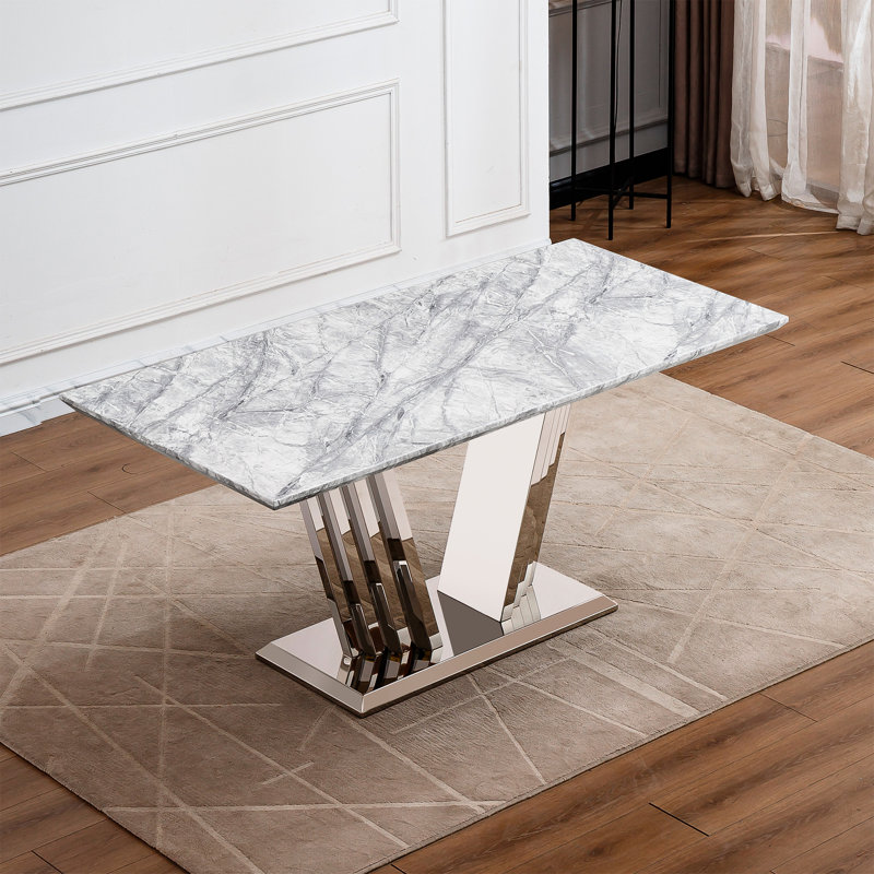 Table de cuisine rectangulaire moderne en faux marbre 70 po avec pieds en acier inoxydable, base au design exquis, idéale pour les réunions de famille