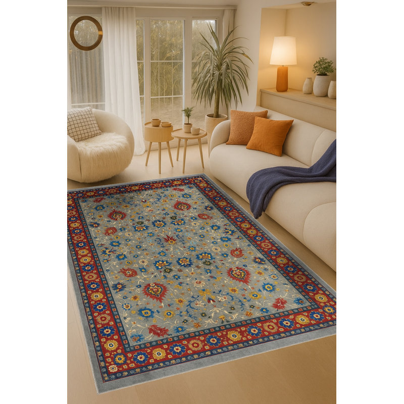 Tapis beige tissé à motif floral lavable Mosso, 3'3" x 4'11"