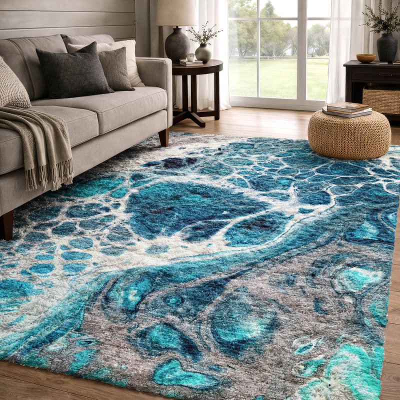 Tapis à poil long de qualité supérieure lavable à la machine ADS682, Sarcelle, 5 pi x 7 pi 6 po