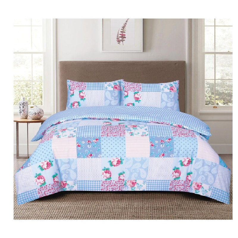 Complete Bedding Set Cotton Rich Floral Duvet Cover, Fitted Sheet & Pillowcases Soft, Breathable & Wrinkle-Resistant, Blue