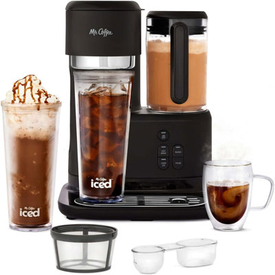 Cafetière / thé glacée à portion unique 3-en-1 Mr. Coffee Mr. Blender avec filtre réutilisable, pelle, livre de recettes, 2 gobelets, couvercles et pailles, noir
