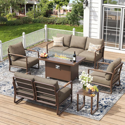 7-Seats Patio Conversation Sofa Set with Oversized Fire Pit Table w/Glass Wind Guard, All Weather for Balcony, Garden-Brown