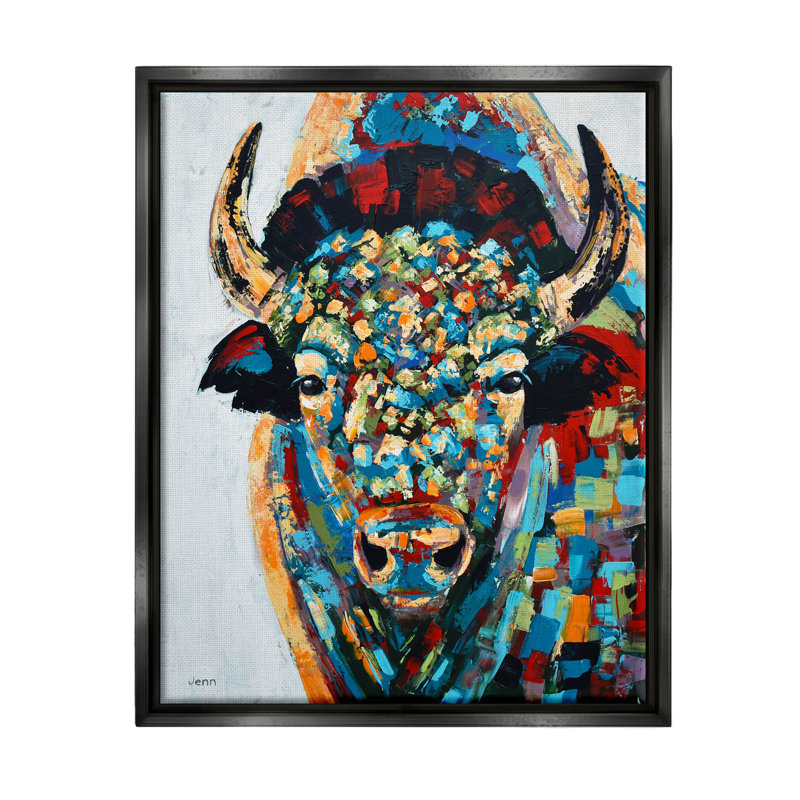 «Abstract Bison Kaleidoscopic Strokes» par Jen Seeley, peinture sur toile à cadre flottant, H 21 po x l 17 po x P 1,7 po