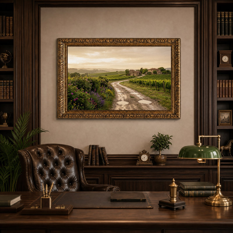 Tableau sur toile représentant des collines vallonnées et des maisons en pierre au coucher du soleil, 16"H x 24"W