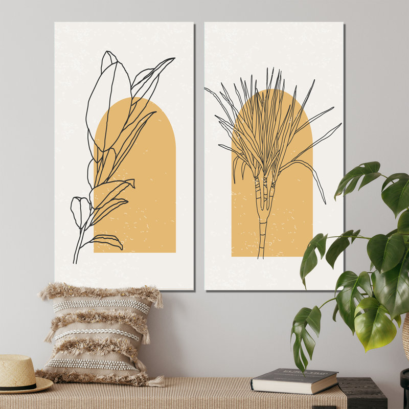 Branche botanique orange avec feuilles II - ensemble de 2 peintures, Toile tendue, H 32 po x l 32 po x P 1 po