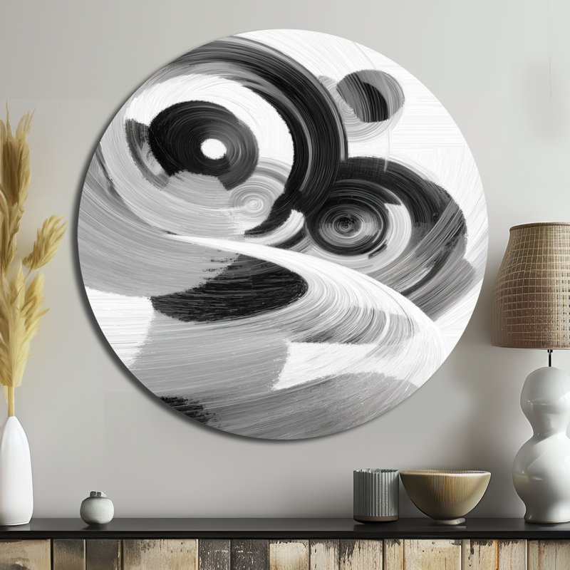 Encre blanche et noire - Spirale abstraite, art mural rond en métal, L 23 po x H 23 po
