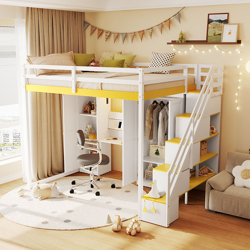 Lit mezzanine double avec escalier de rangement, coiffeuse, garde-robe et ports USB, lumières DEL pour adolescents, blanc et jaune