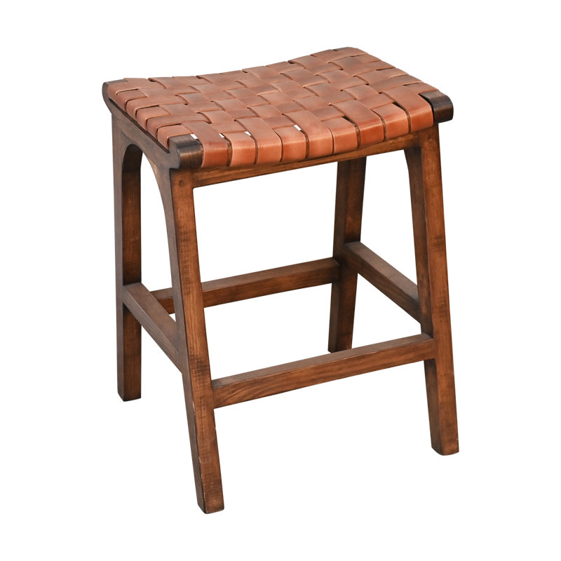 Tabouret rustique en bois massif avec siège en cuir tressé brun selle, Siège brun / cadre brun