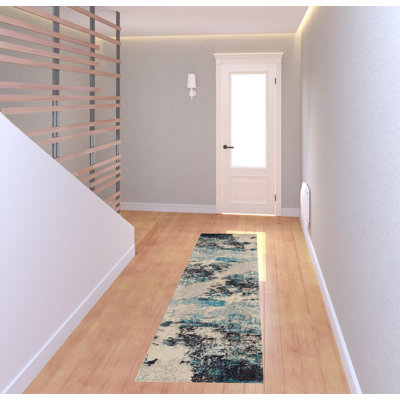 Tapis de couloir antidérapant 2 pi x 8 pi ivoire et bleu sarcelle