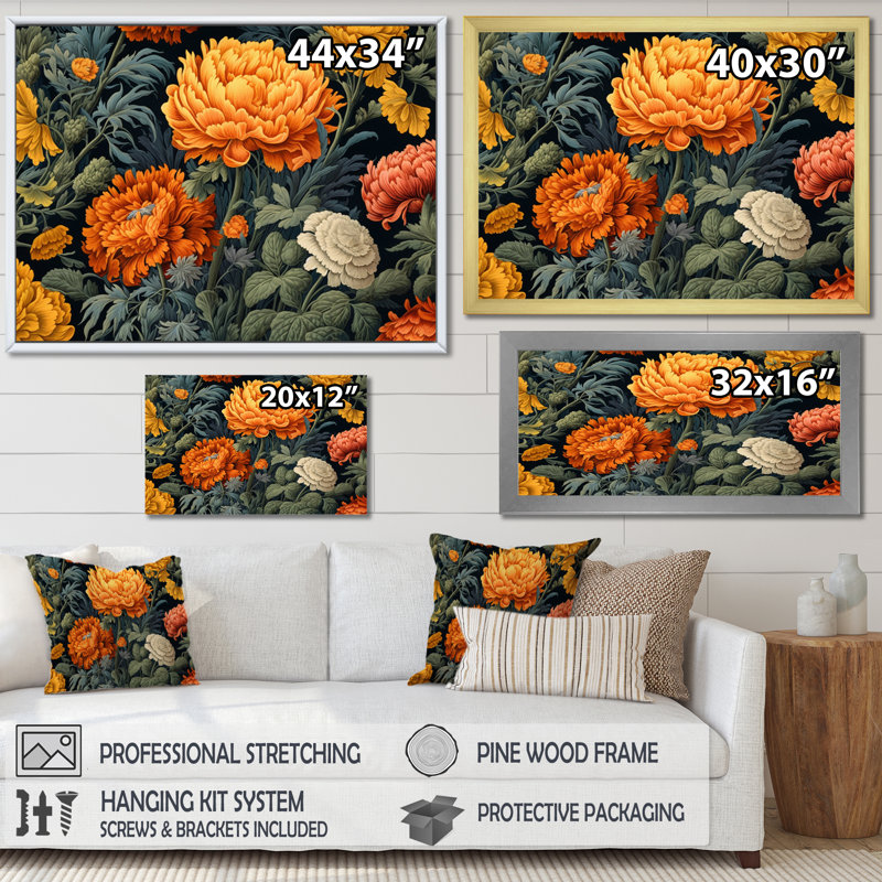 «Orange Green Marigold Brilliance I», reproduction sur toile, H 12 po x l 20 po x P 1 po, Cadre naturel flottant