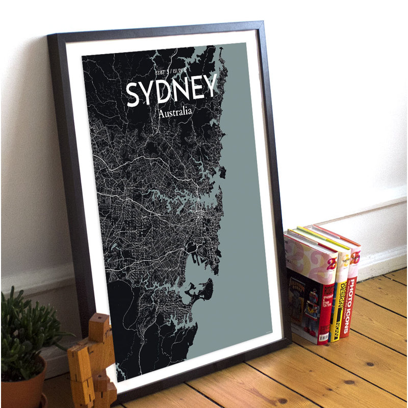 Sydney City Map - Unframed Graphic Art Print on Paper, 91.4cm H x 61cm W x 0.1cm D, Black/Blue