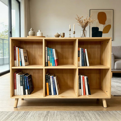 6 Cube Wooden Storage Shelf, Freestanding Open Bookcase with Legs, Natural Solid Wood Cubby Organizer for Living Room, Bedroom, Office, Entryway