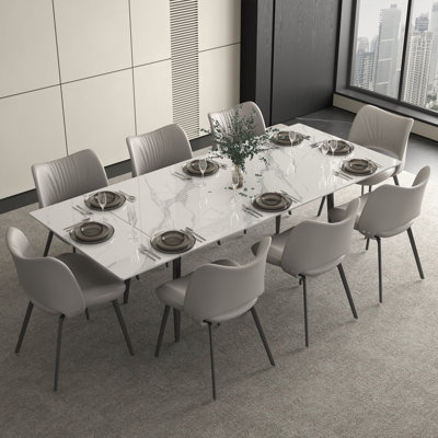 Large Gloss White Dining Table with Marble Effect, Extends from 160cm to 240cm for Entertaining（Without chairs） Fast Dispatch From UK Warehouse – Dispatched Within 2 Days