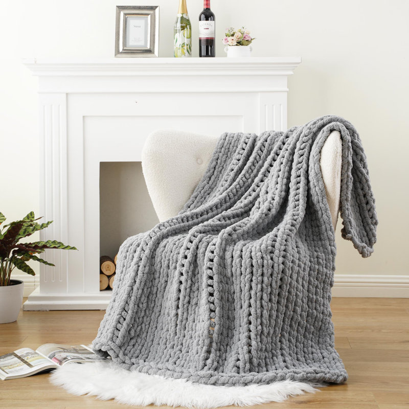 Chunky Knit Throw Blanket,Soft And Thick Chenille Throw Blanket, 50"X60" Handmade Cable Knit Crochet Blanket, Light Grey