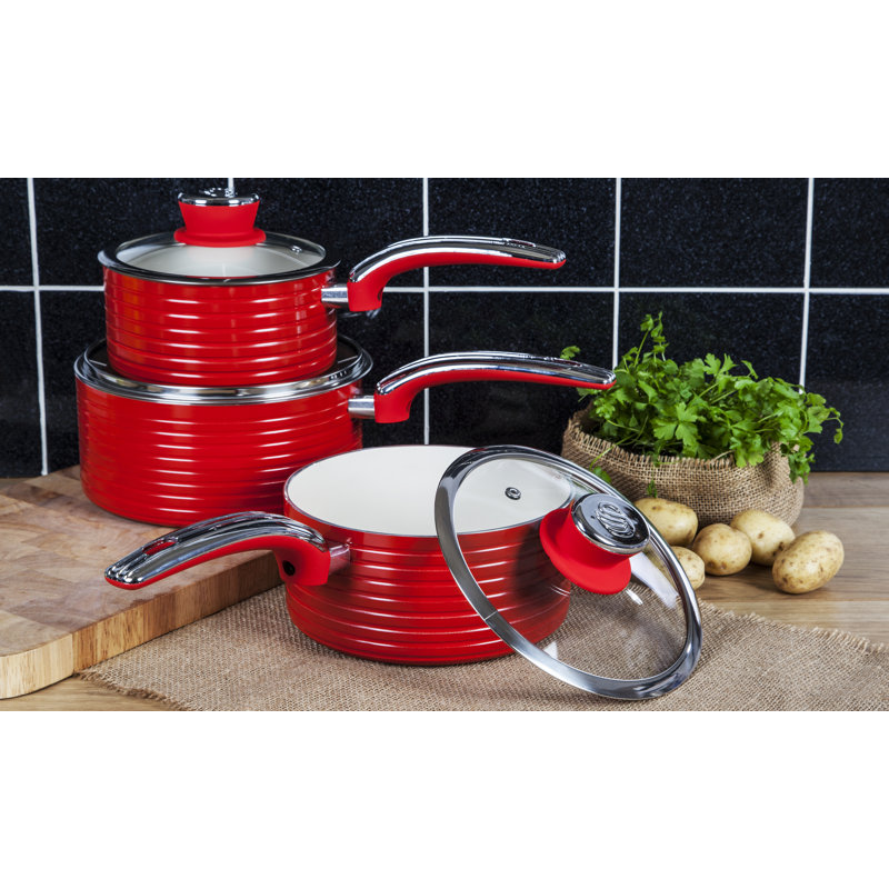 Swan Retro Aluminium Pan Set with Glass Lid, Non-Stick Ceramic Coating, Red