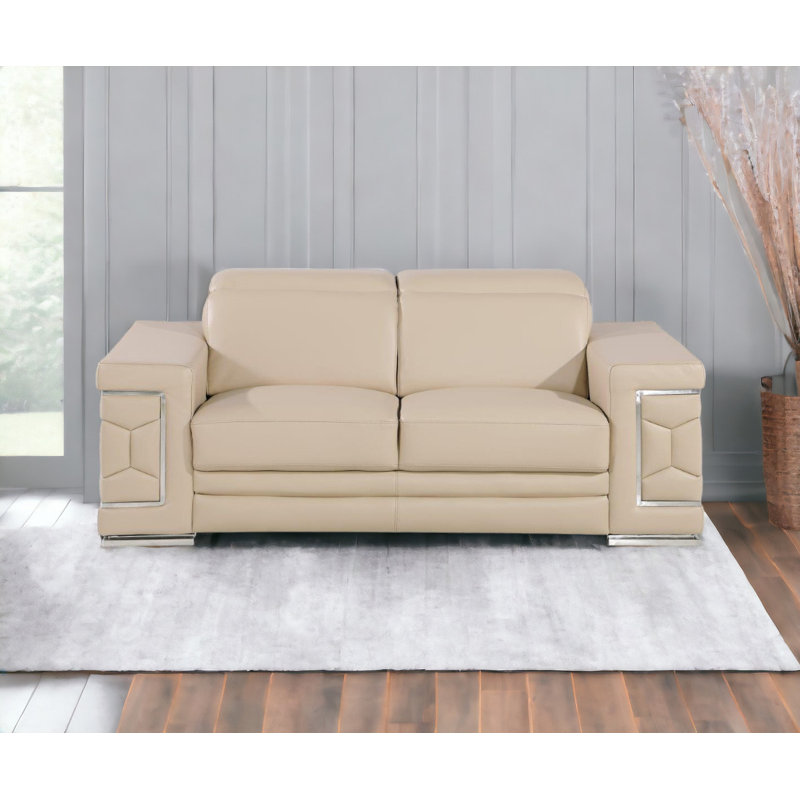 Causeuse en cuir véritable 71 po beige et argent