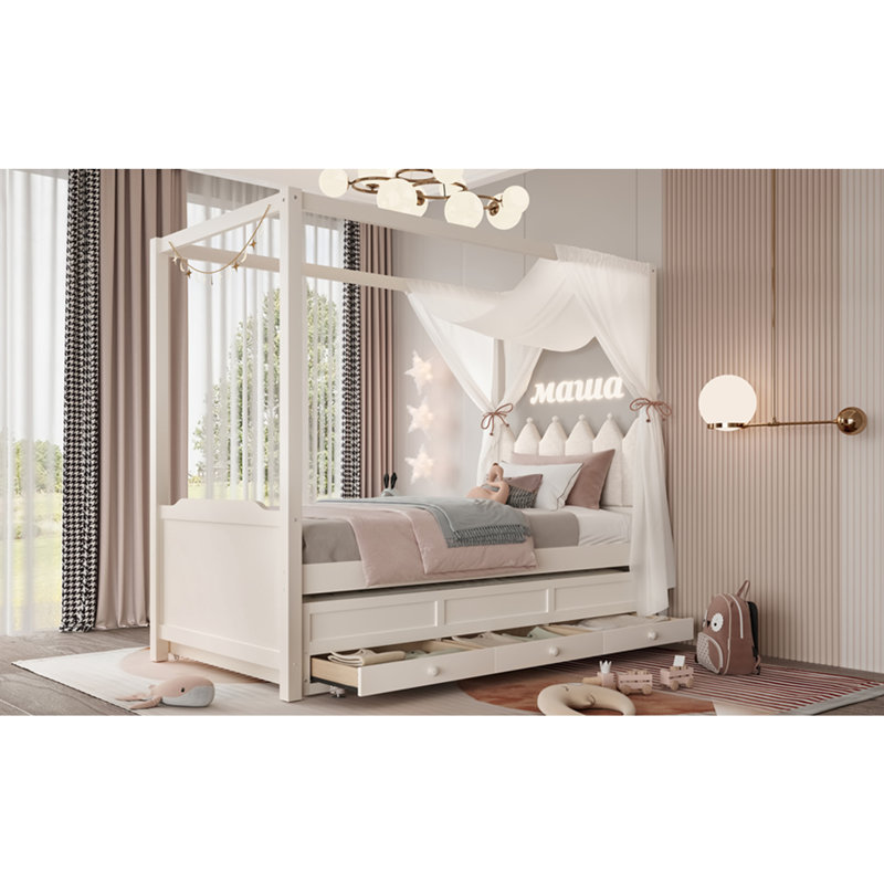 Cadre de lit à baldaquin pour enfants, rangement et assemblage facile Princess, Lit simple, Beige