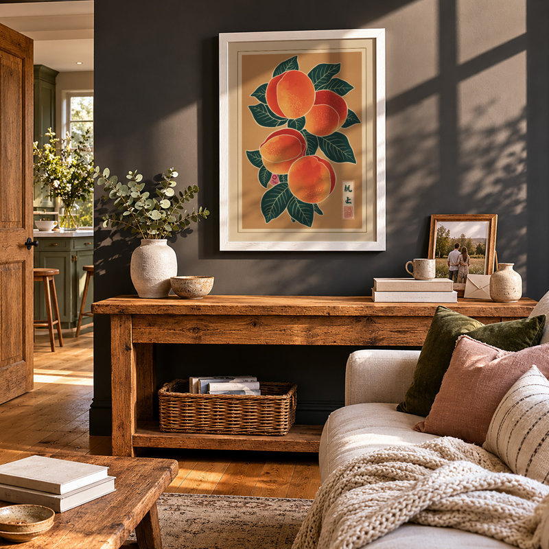 Peaches and Foliage Japandi - Framed Print, A1 - 84.1 x 59.4 cm, White