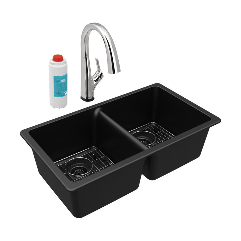 Évier de cuisine avec robinet encastrable 33 po x 20-1 / 2 po x 9-1 / 2 po, Noir