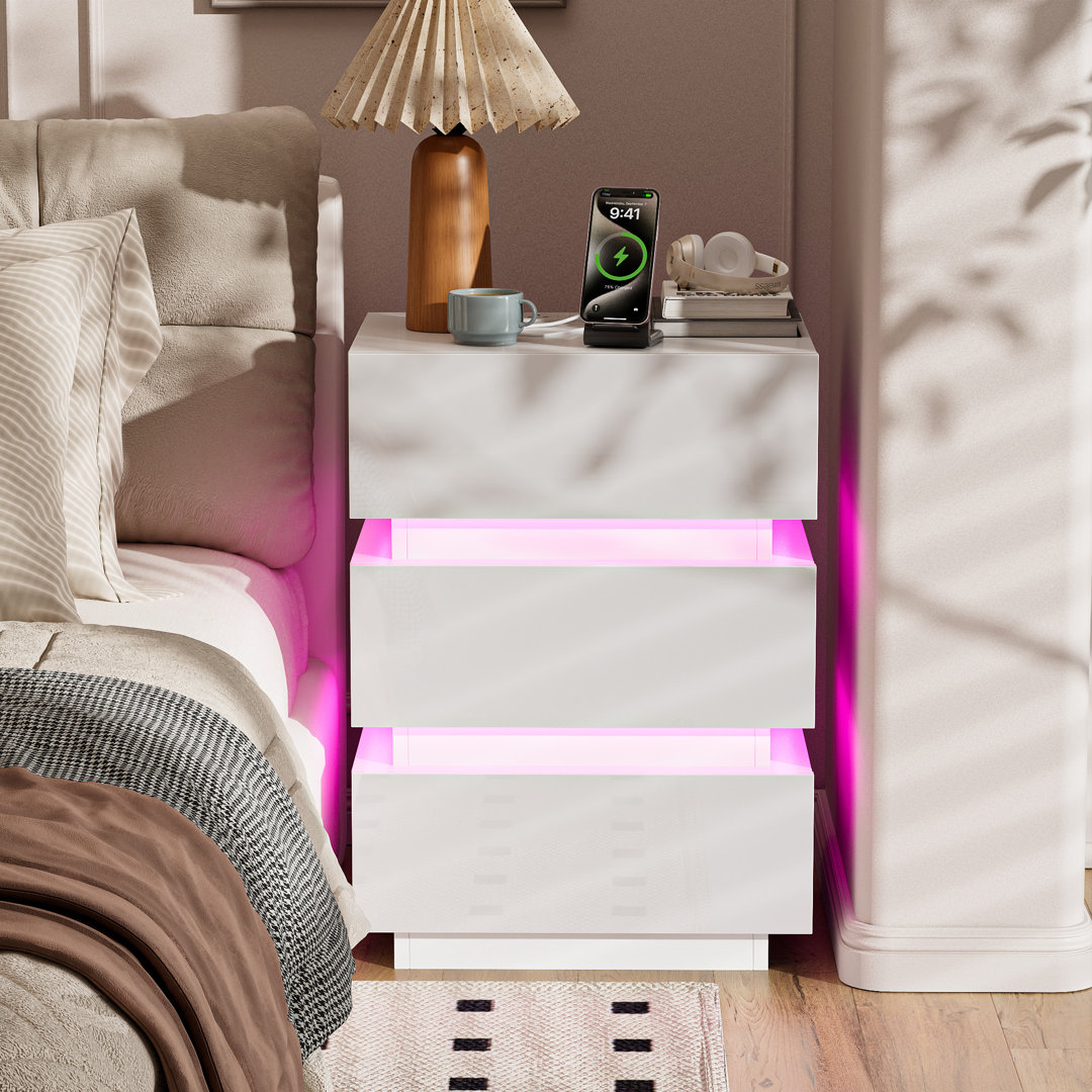 3 Drawers Bedside Table, Black Bedside Cabinet with LED Light & UK Charging Station 2AC/2USB, Wooden Storage Side Cabinet for Bedroom Living Room Corn