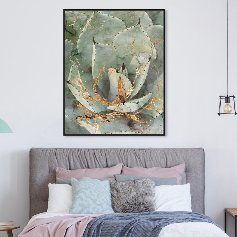 Reproduction d’art graphique sur toile tendue « golden succulent », Cadre noir, H 17 po x l 20 po