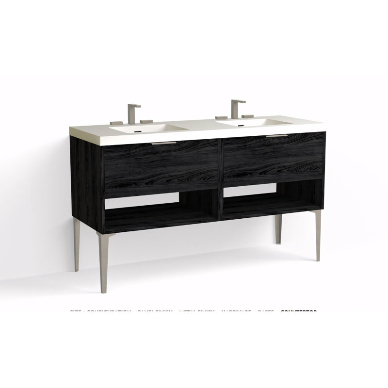 Modo 60" W Freestanding Double Bathroom Vanity with Dean Leg, Matte White/8" Widespread, Charred, Satin Nickel
