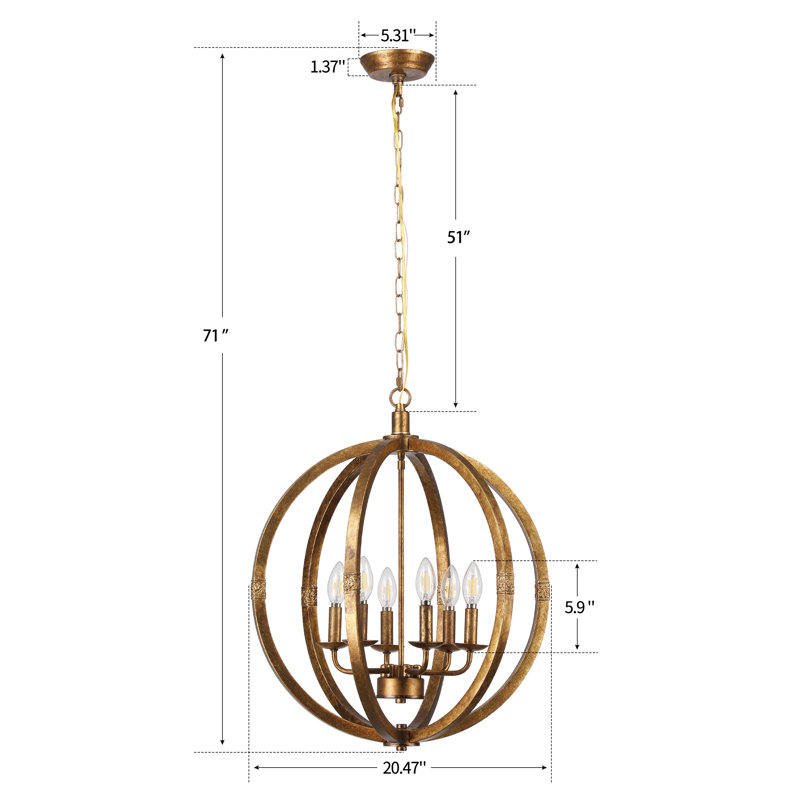 Lustre sphérique 6 lumières 20 pouces