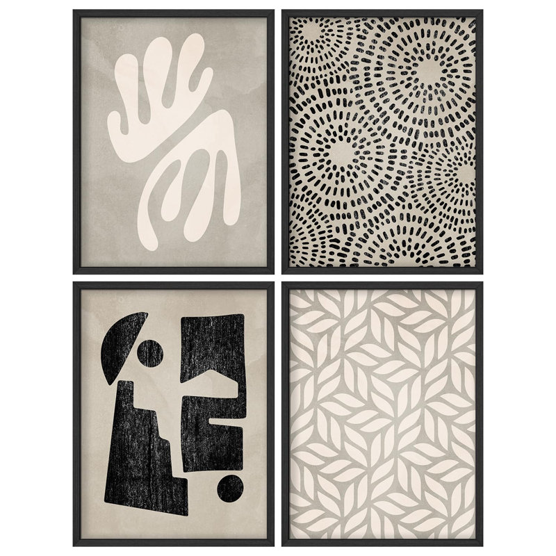 "Motif noir et blanc, noir, blanc et tons beiges, œuvre d'art moderne minimaliste", 4 pièces, Noir, H 14 po x l 11 po