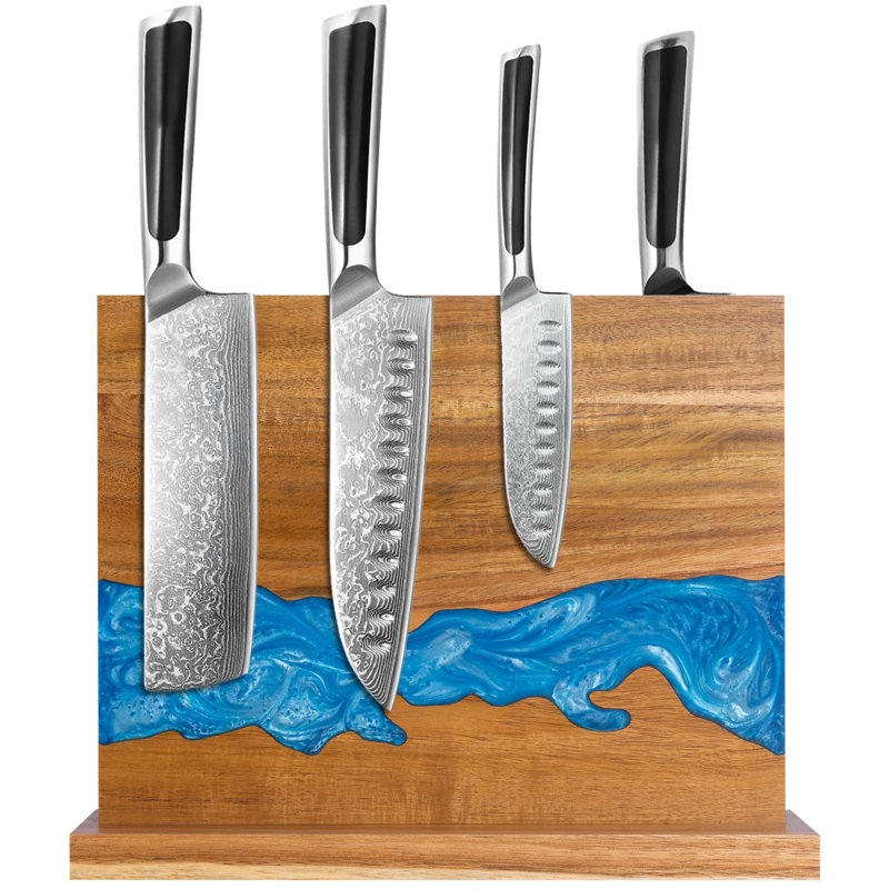Porte-couteaux magnétique - Bloc de couteaux en résine de bois d'acacia bleu rivière, double face magnétique, 12,59 × 9,84 pouces (sans couteau)