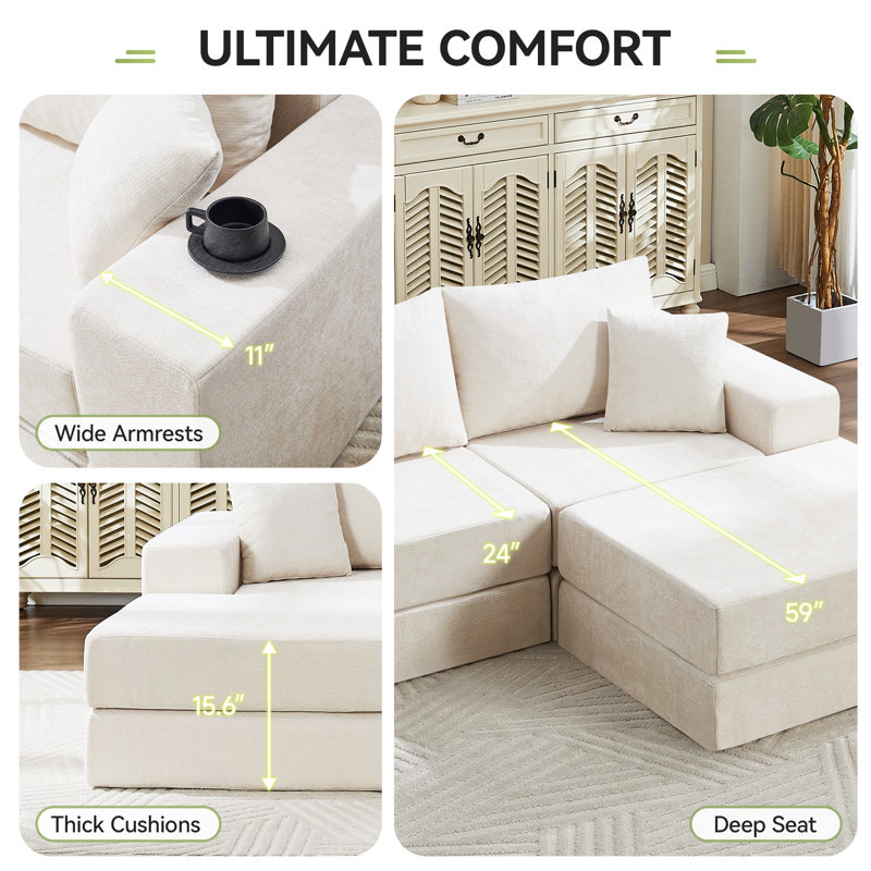 Canapé-lit modulaire reconfigurable Boneless, Chenille beige